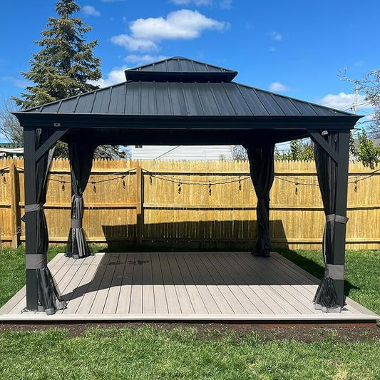 PURPLE LEAF 12' X 12' Permanent Hardtop Gazebo Aluminum Gazebo with Galvanized Steel Double Roof for Patio Lawn and Garden, Curtains and Netting Included, Grey