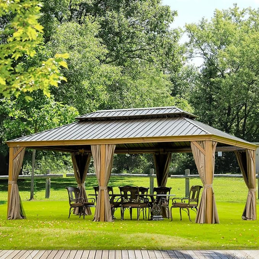 Domi Outdoor Living 12’x20’ Hardtop Gazebo, Wooden Coated Aluminum Frame Canopy with Galvanized Steel Double Roof, Outdoor Permanent Metal Pavilion with Curtains and Netting for Patio, Deck and Lawn