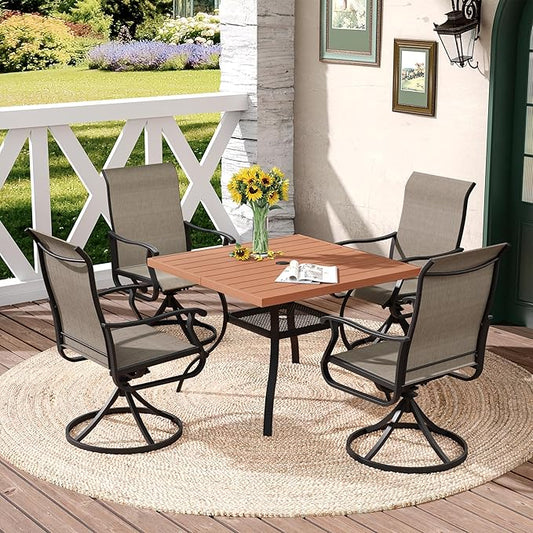 DIFY Outdoor Patio Dining Table for 4, 38.6" Square Patio Table with All-Weather Faux Wood Tabletop and Metal Steel Frame, Outside Table for Garden Porch Backyard, Walnut