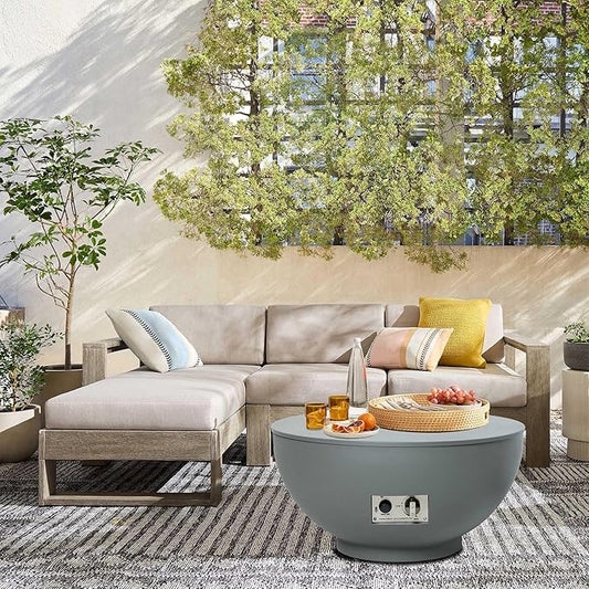 28-Inch Gas Fire Pit with Propane Tank Cover, 58,000 BTU Round Propane Fire Pit Table, Patio Fire Bowl Firepit with Lid, Lava Rocks, Cover, Pre-Attached 10FT Propane Hose, Gray