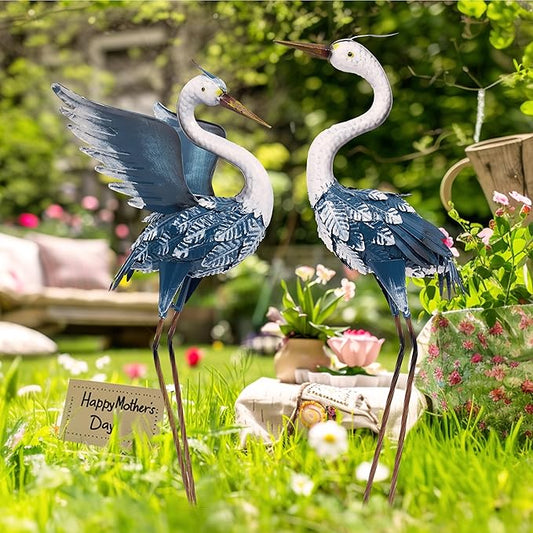 TERESA'S COLLECTIONS Yard Decorations Outdoor Garden Statues, Blue Metal Crane Yard Art, 25-26" Lawn Ornaments for Backyard,Outside Porch,Patio,Heron Decoy Bird Garden Decor,Set of 2,Gifts for Mom