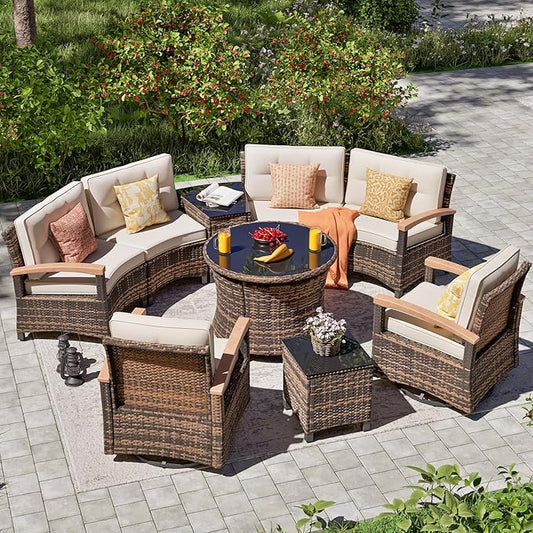 MEISSALIVVE 9 Piece Outdoor Patio Furniture Set, Half-Moon Curved Sectional Sofa Rattan Conversation Set with 2 Wood Armrests Swivel Rocker Chairs, Round Coffee Table & Side Table(Brown)