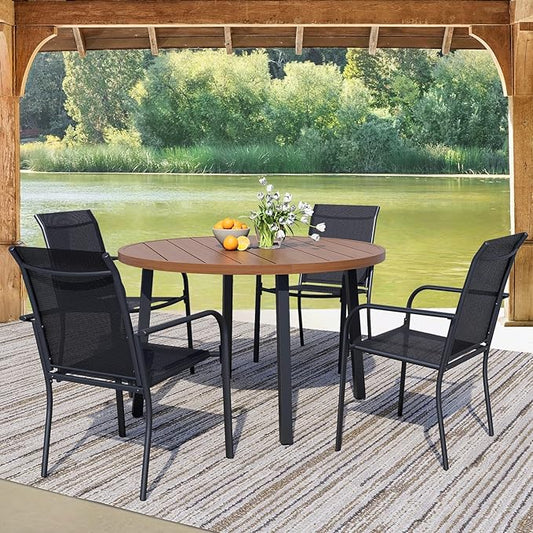 5 Pieces Round Dining Table Set for 4, Patio Dining Set Includes 4 Black Stackable Patio Chairs and 1 Walnut Round Table, Patio Furniture Sets with Sling Support for Outside, Garden