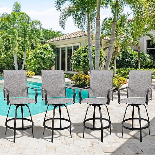 Vongrasig 4 Piece Patio Swivel Bar Chairs, All Weather Metal Textile High Swivel Bar Stools Chairs, Outdoor High Top Bistro Set for Backyard, Lawn Garden, Balcony, Light Grey