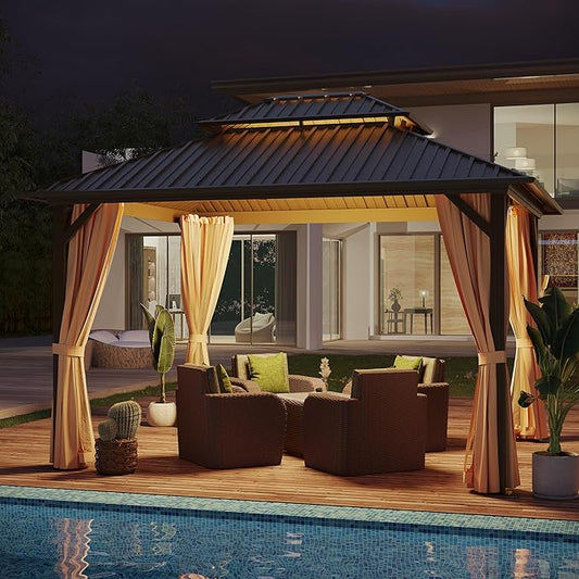 10'x12' Hardtop Gazebo Outdoor Aluminum Patio Gazebo Double Roof Galvanized Steel Canopy with Netting and Curtains for Garden, Backyard,Deck and Lawns