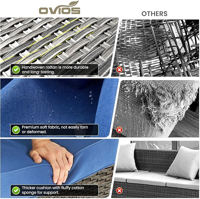 ovios 10 Pieces Patio Furniture Set, Outdoor Wicker Sofa Couch with Swivel Chairs 54" Fire Pit Table, High Back All Weather Modern Conversation Sets, Brown Rattan, Navy Blue
