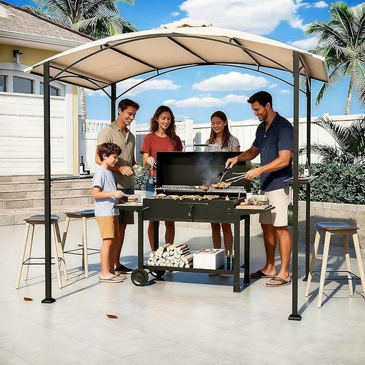 Gotland 8'x 5' Outdoor Grill Gazebo, BBQ Canopy Shelter with 2 Metal Openwork Shelving Units & 5 Tool Hooks, Curved Waterproof Top for Party, Backyard, Poolside Khaki