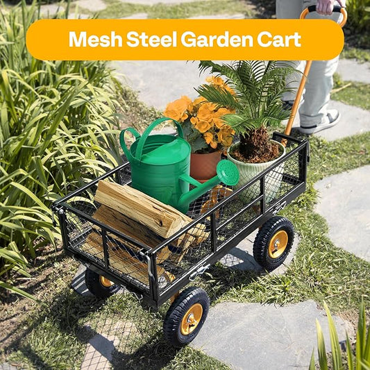 VIVOHOME Heavy Duty 550 Lbs Capacity Mesh Steel Garden Cart Folding Utility Wagon with Removable Sides (Black)