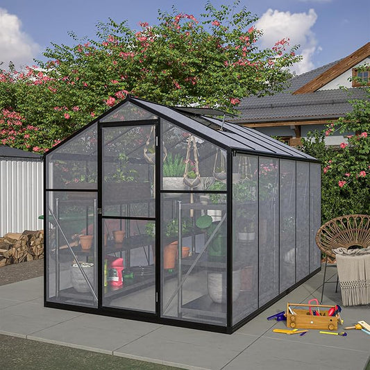 Favfurish 6x10 FT Greenhouses for Outdoors,Heavy Duty Polycarbonate Greenhouse,Lockable Walk-in Green House Sunroom w/ Roof Vent,Aluminum Hot House for Garden Plants Backyard Patio,Black
