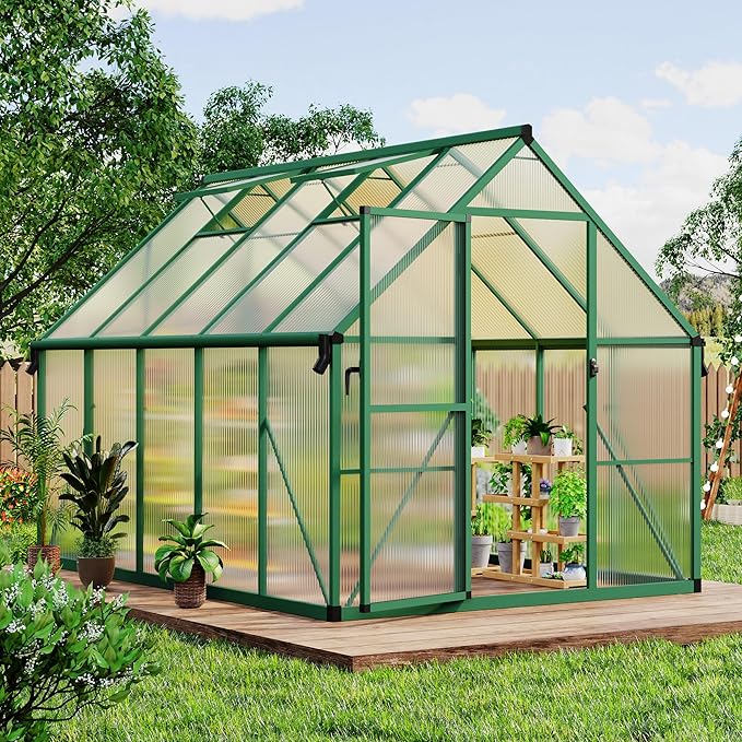 CABIHOME 8x14 FT Outdoor Greenhouse, Polycarbonate Greenhouse with Roof Vent and Ground Nails, Aluminum Large Walk-in Green House w/Lockable Push Door for Outside Garden Backyard (Green, 8x14 FT)