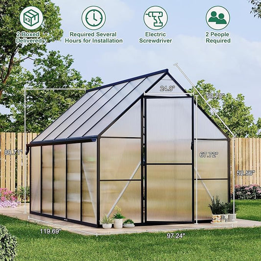 8 ft x10 ft Aluminum-Framed Polycarbonate Greenhouse, Heavy Duty Polycarbonate Greenhouse with Quick Setup Structure and Roof Vent, Large Enhanced Aluminum Green House Kit for Outdoors