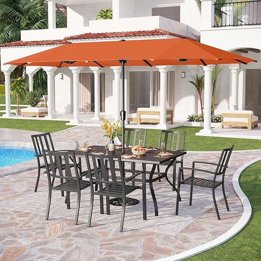 PHI VILLA 7 Piece Patio Dining Set with Umbrella, 60” Rectangular Metal Dining Table & 6 Stackable Metal Chairs & 13ft Large Red Umbrella for Outdoor, Deck, Yard, Porch