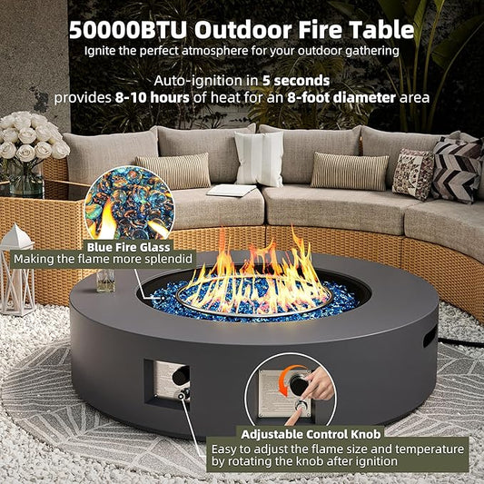 UPHA 42-inch Outdoor Propane Gas Fire Pit Table 50000 BTU Concrete Round FirePit for Outside Patio with Propane Tank Cover, Blue Glass Rocks, Rain Cover, Grey