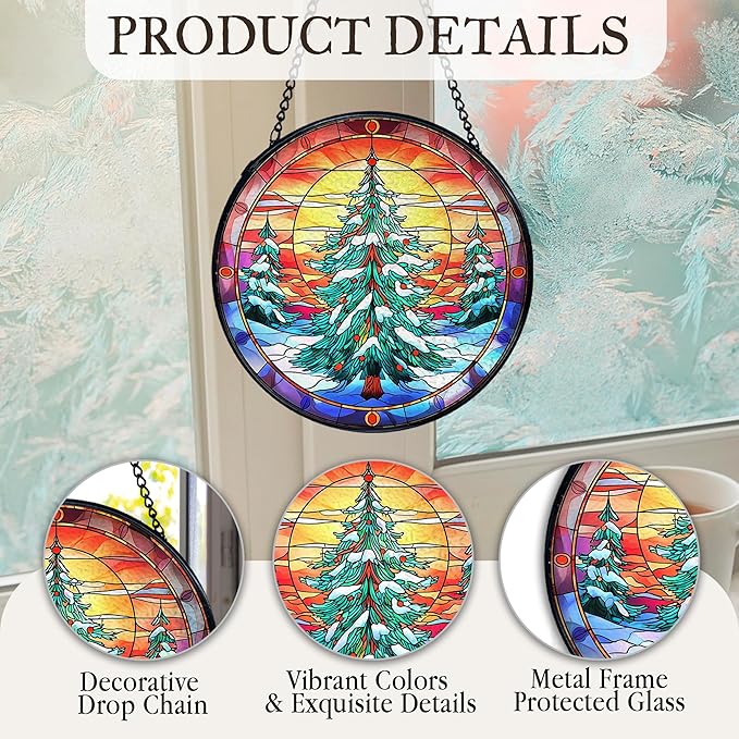 kdqua Christmas Tree Suncatcher Stained Glass Window Hanging, Winter Xmas Tree Sun Catchers Indoor Window Glass Round Wall Decor, Wall Art Hanging Decorations Statues, 7.9x7.9in