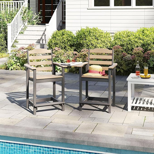 OTSUN Tall Adirondack Chairs Set of 2 with Connecting Tray, 24 inches HDPE Bar Height Outdoor Chairs, All Weather Resistant for Balcony, Porch, Kitchen (2 PCS, Black&Brown)