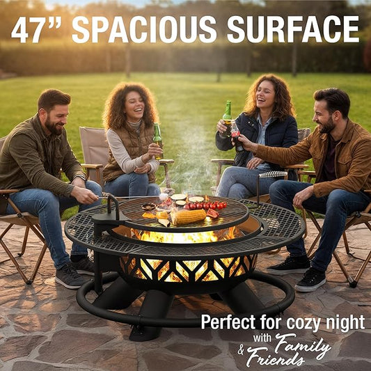 47 Inch Heavy Duty Steel Fire Pit with Grill, Large Outdoor Fire Pits for Outside Wood Burning, BBQ