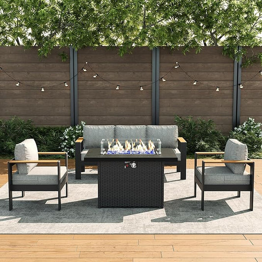 LayinSun 4 Piece Aluminum Outdoor Furniture Set with Fire Pit Table, Outside Patio Deep Seating Conversation Set with Upgraded Washable Thick Cushion