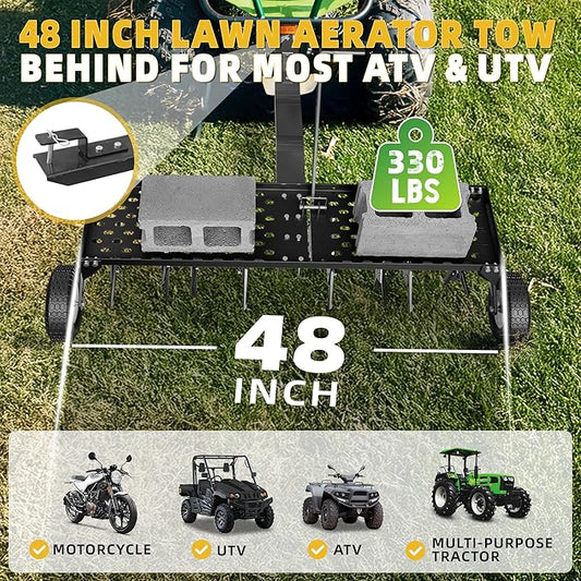 48" Lawn Aerator Tow Behind, Pull Behind Aerator with Universal Hitch, 32 Galvanized Steel Tines, Tray and Pneumatic Tires, Plug Behind Aerator is Suitable for Gardens, Lawns and Farms