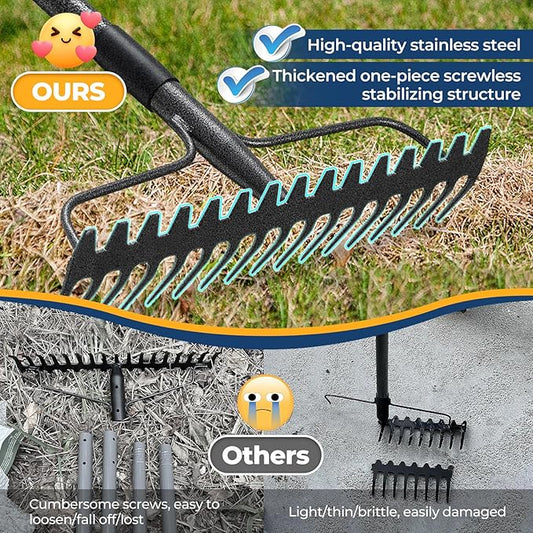 49" Rake - 17" Extra Wide Garden Tool with Double-Sided Head, Heavy Duty Lightweight Stainless Steel Construction for Mulching & Debris Removal, Leveling Lawn, Loosening Soil, Leaf Cleanup, Soil Prep