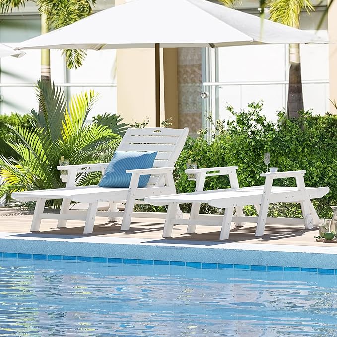 nalone Outdoor Chaise Lounge Chair Set of 2 with Wheels & Cup Holder, HDPE Pool Lounge Chairs with 5-Position Adjustable Backrest Supports Up to 400 LBS for Patio Poolside Deck Beach Backyard (White)