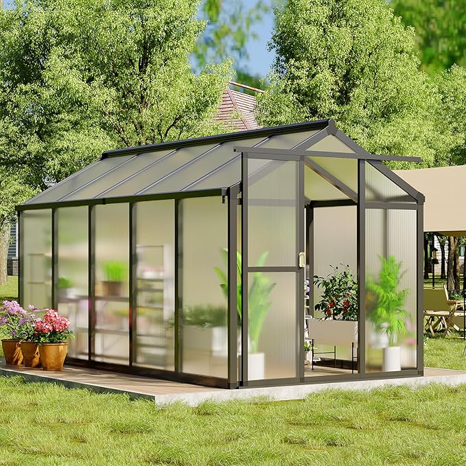 6x10 FT Greenhouse, Easy Assembly Aluminum Polycarbonate Greenhouses for Outdoors with Roof Vent, Large Aluminum Walk-in Greenhouse for Sunroom Patio, Backyard, Garden, Sliding Lockable Door, Black