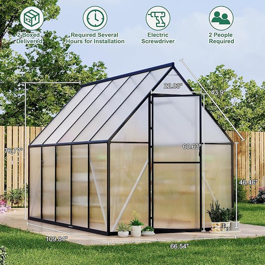 6 ft x9 ft Aluminum-Framed Polycarbonate Greenhouse, Heavy Duty Polycarbonate Greenhouse with Quick Setup Structure and Roof Vent, Large Enhanced Aluminum Green House Kit for Outdoors
