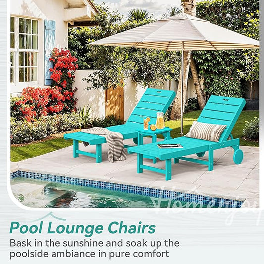 Outdoor Chaise Lounge Chairs with Table, 2-Piece, 26.8” Super Wide Lounge Chair Outdoor, HDPS Pool Chairs with 5 Positions, Patio Lounge Chair with Wheels for Pool,Lawn,Backyard, Aruba Blue