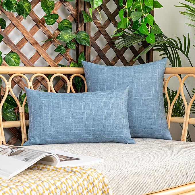 Kevin Textile Pack of 2 Outdoor Waterproof Throw Pillow Covers Decorative Farmhouse Checkered Square Solid Cushion Cases for Patio Garden Porch Sofa Light Blue 18x18 inch