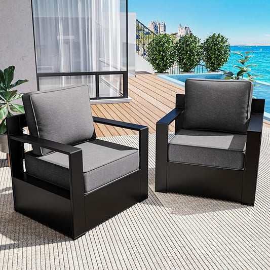 Outdoor Patio Furniture Aluminum Patio Chairs, All-Weather Metal Outdoor Chair with 6 Inch Thick Cushions, Deep Setting for Garden, Outside and Porch