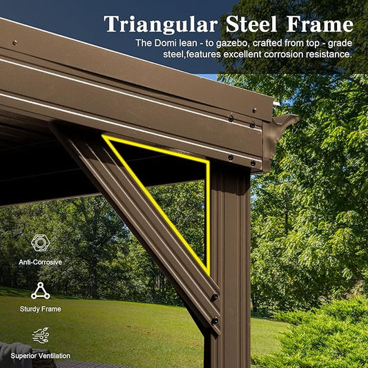 Domi 12’x20’ Lean-to Gazebo, Hardtop Wall-Mounted Gazebo Pergola with Sloping Galvanized Steel Roof and Upgraded Drainage System, Outdoor Permanent Metal Shelters for Patio Backyard Deck, Brown