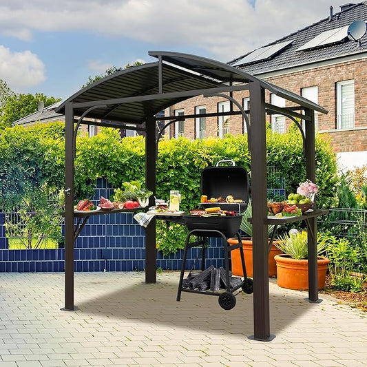 Domi 8x5FT Hardtop Grill Gazebo, Outdoor BBQ Gazebo with 2 Side Shelves and Bottle Opener, Outdoor Grill Canopy with Galvanized Steel Double Roof for Patio Lawn Backyard Deck, Brown