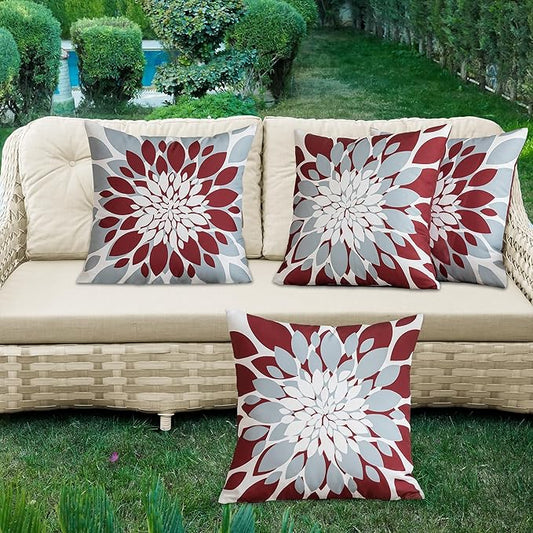 Qahing Pack of 4 Outdoor Waterproof Pillow Covers 22x22 Decorative Outdoor Throw Pillows Garden Square Cushion Cases for Patio Furniture, Couch, Tent Sunbrella, Bench, Burgundy Red Grey