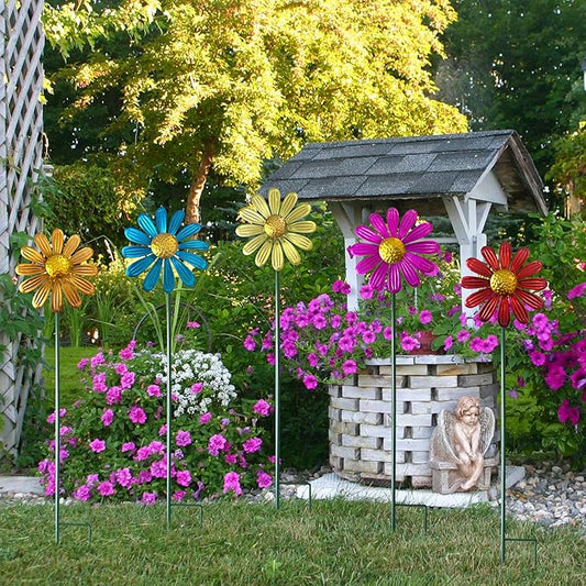 5pcs Wind Spinners Metal Colorful Flowers Garden Stake, Small Daisy Pinwheels, 27" Windmill for Yard Decor, Lawn Ornaments Outdoor Garden Décor, Metal Yard Art, Christmas Decoration Gift
