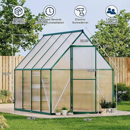 6X7 ft Polycarbonate Greenhouse with Aluminum Frame, Polycarbonate Greenhouse for Outdoors, Greenhouses with Ventilation, Aluminum Large Walk-in Greenhouses for Outside