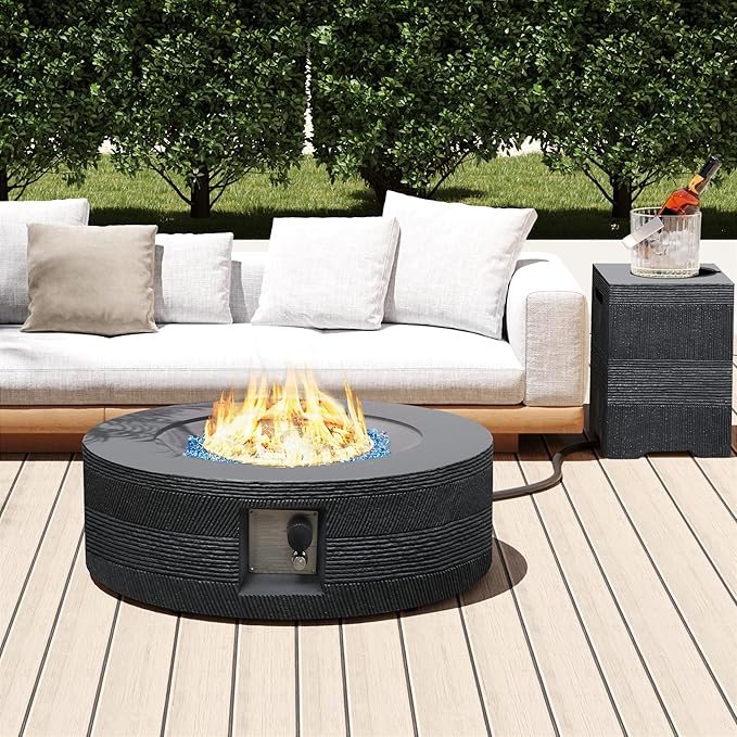 UPHA 42-inch Outdoor Propane Gas Fire Pit Table 50000 BTU Concrete Round FirePit for Outside Patio with Propane Tank Cover, Navyblue Fire Glass, Rain Cover, Grey Texture