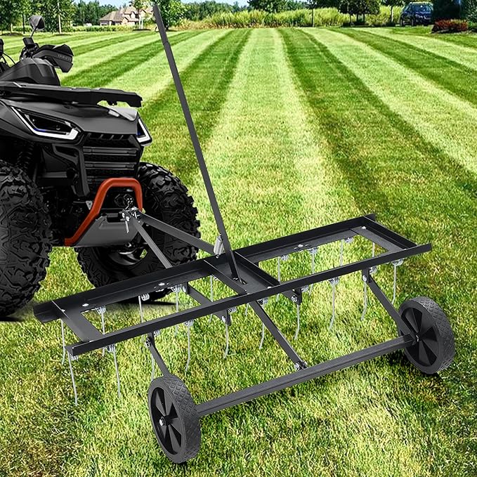 Tow Behind Aerator, 40 inch Lawn Pull Dethatcher with 20 Spring Steel Tines and Lift Handle for Outdoor Yard Care, Lawn Sweeper to Remove Thatch, Leaves and Pine Needles, Black