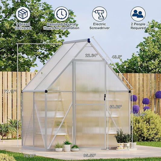 6X4 ft Polycarbonate Greenhouse with Aluminum Frame, Polycarbonate Greenhouse for Outdoors, Greenhouses with Ventilation, Aluminum Large Walk-in Greenhouses for Outside