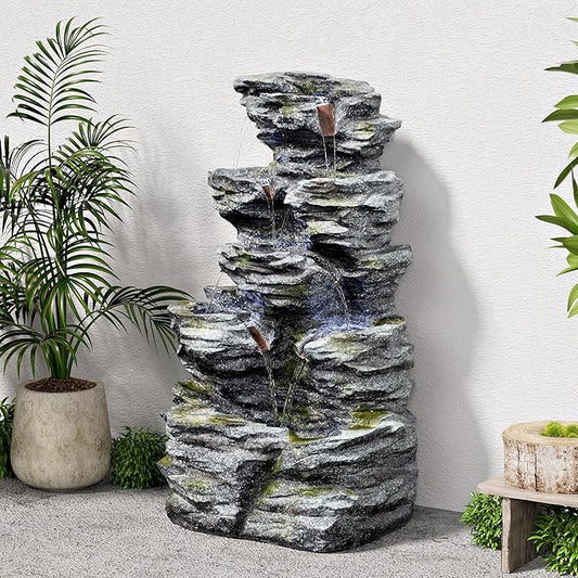 34.3" H Outdoor Water Fountain with LED Lights, 5-Tier Cascading Rock Waterfall for Yard, Garden, Patio, Outdoor Decor Water Features