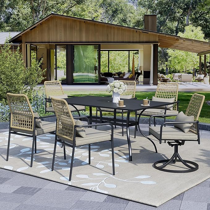 7-Piece Patio Dining Set, 63'' Rectangular Outdoor Table and 2 Wicker Swivel Rattan Chairs & 4 Wicker Stackable Rattan Chairs with Cushions, All Weather Frame Furniture Set