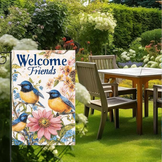 Garden Flag Hello Spring Yard Flag Garden Decoration 12x18 Inch Double Sided Welcome Friends Bluebirds Floral Design Outdoor Yard Banner for Spring and Summer Decoration