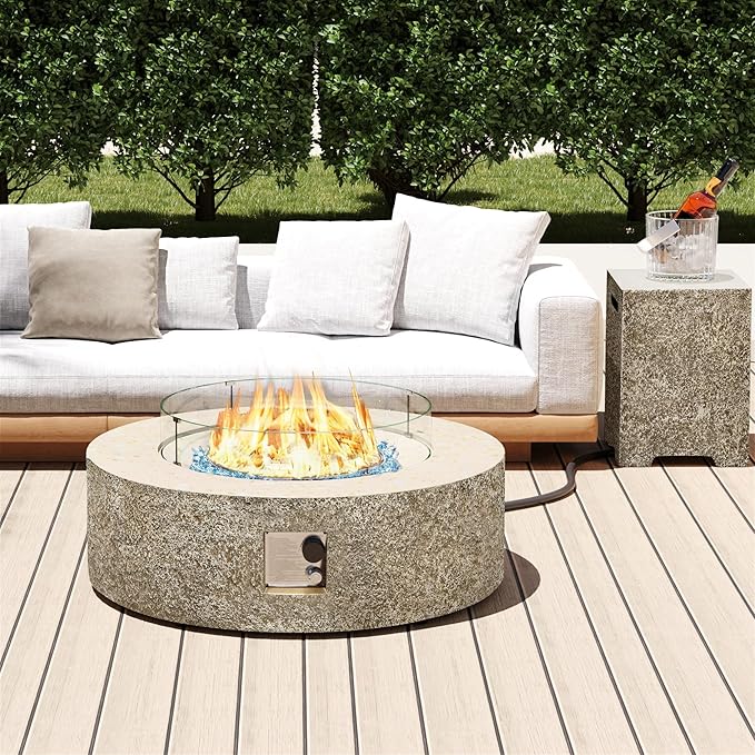 UPHA 42-inch Outdoor Propane Gas Fire Pit Table 50000 BTU Concrete Rectangle FirePit for Outside Patio with Propane Tank Cover, Wind Guad, Blue Glass Rocks, Rain Cover, Beige Texture