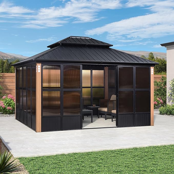 PURPLE LEAF 12' X 14' Patio Hardtop Gazebo Double Top Outdoor Screen House Aluminum Solarium Backyard Sun Room with Detachable Windows