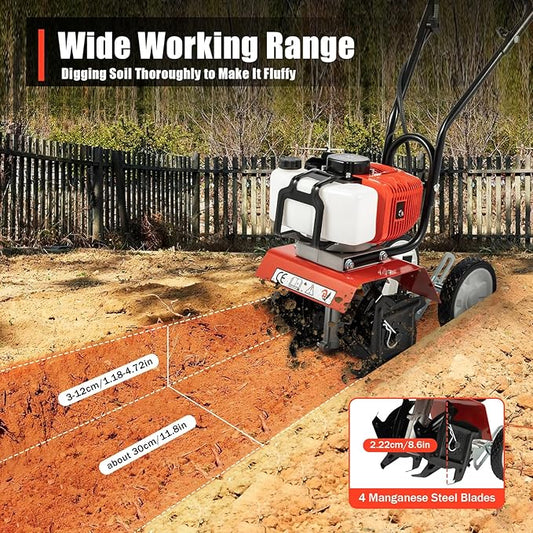 Gas Mini Tiller Cultivator 52CC 2 Stroke Gasoline Powered Soil Garden Cultivator 11.8" Tilling Width Soil Tilling Machine Farm Plant Garden Yard Lawn Tilling