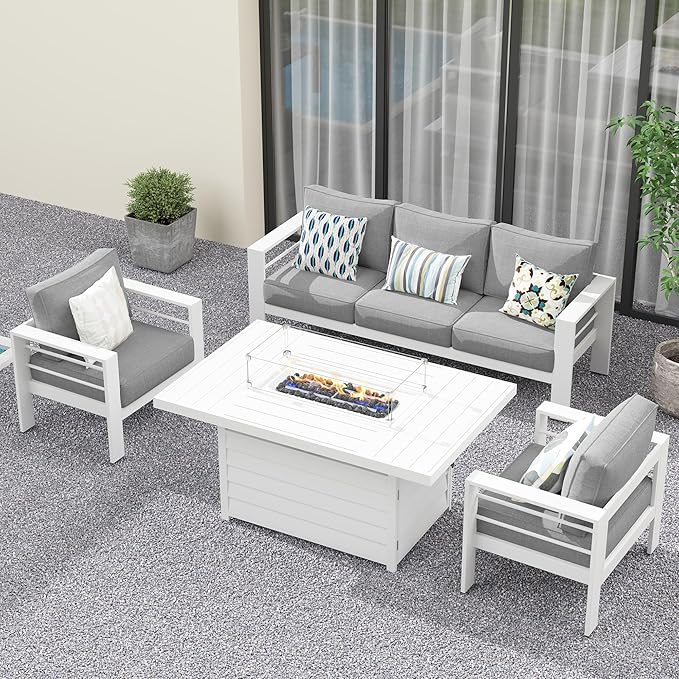 Solaste Aluminum Patio Furniture Set with Fire Pit Table, 4 Piece Metal Outdoor Furniture with Water-Resistant Cushions, Modern Patio Conversation Set for Balcony, Front Porch, and Backyard, White