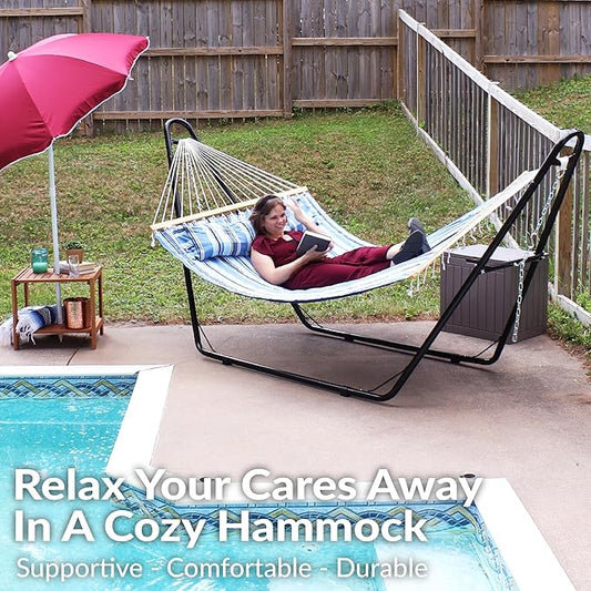 Sunnydaze Double Quilted Fabric Hammock with Universal Steel Stand - 450-Pound Capacity - Black Stand - Misty Beach