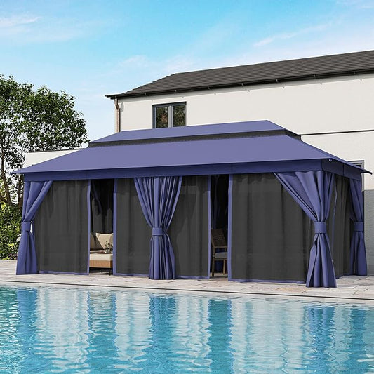 LAUSAINT HOME Outdoor Patio Gazebo 10'x20' with Expansion Bolts, Heavy Duty Party Tent & Shelter with Double Roofs, Mosquito Nettings and Privacy Screens for Backyard, Garden, Lawn, Navy Blue