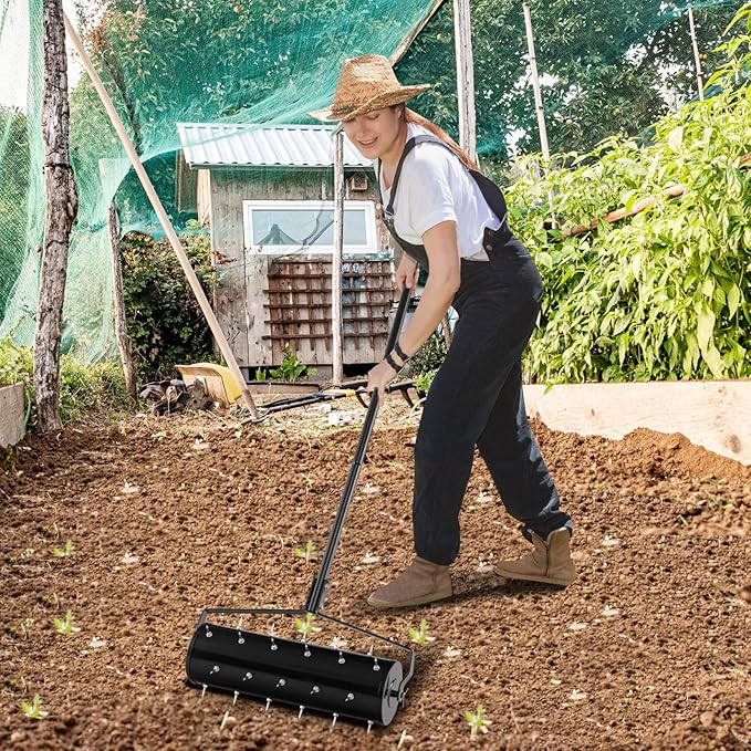 S AFSTAR 21" Manual Lawn Aerator, Heavy Duty Rolling Aerator Lawn Tool Filled Sand Stone with 51" Detachable Handle & Tine Spikes for Soil Loosening, Push Grass Aeration for Garden Yard, Black