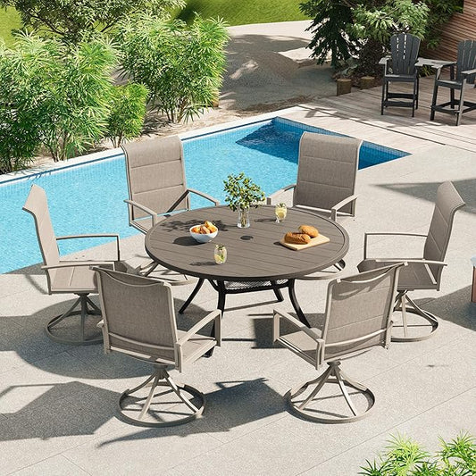 VICLLAX Round Patio Dining Table, 4-6 Person Metal Outdoor Dining Table with Umbrella Hole for Garden Lawn Deck, 47.2" Grey