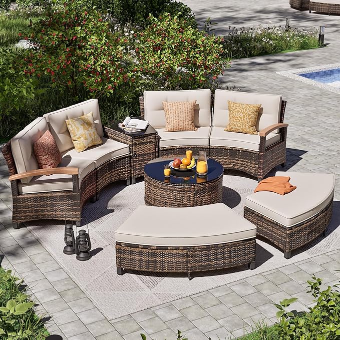 MEISSALIVVE 8 Piece Outdoor Patio Furniture Set, Half-Moon Curved Sectional Set with Wood Armrests, Patio Conversation Set, 2 Half-Moon Ottomans,Coffee & Side Tables (Brown)