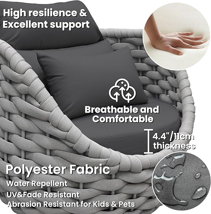 2 PCS Deck Furniture Accent Chair: Aluminum Woven Rope Chair - Outdoor Lounge Armchair Cushioned - Modern Patio Seating Assembled - All Weather for 400lbs Porch Lanai Balcony Yard Garden Hotel